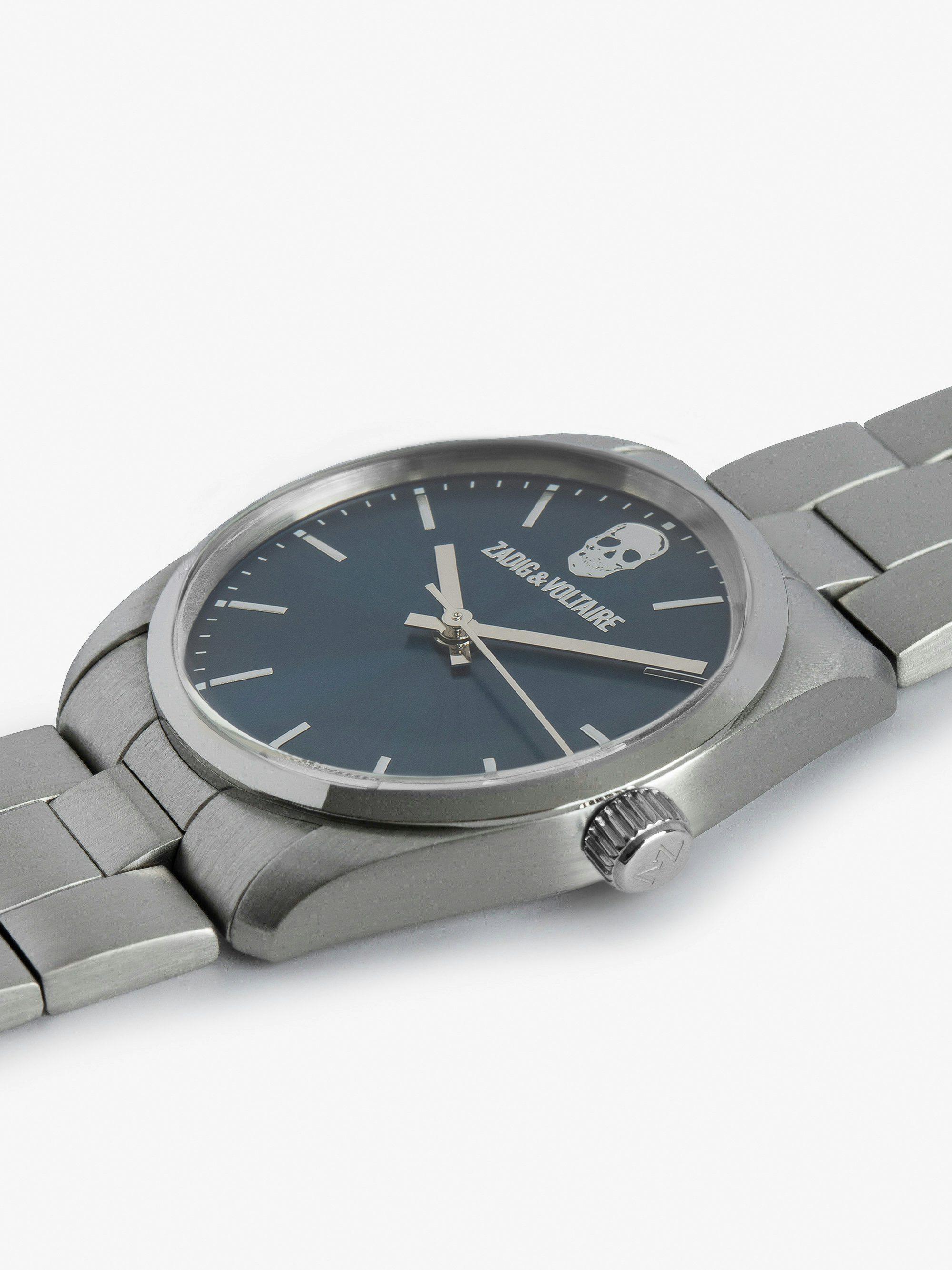 Zadig Blue Dial Watch - Stainless steel watch with navy blue skull pattern dial.